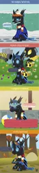 Size: 704x3103 | Tagged: safe, artist:wheatley r.h., derpibooru import, oc, oc:w. rhinestone eyes, unofficial characters only, bee, beeling, changeling, insect, 4 panel comic, autumn, bat wings, beach ball, blue changeling, bush, changeling oc, clothes, cold, derpibooru exclusive, fim-92 stinger, flower, food, frosting, gun, hair, happy, honey, honeypot changeling, horn, ice cream, image, jacket, jar, jpeg, leaf, minecraft, missile launcher, pool toy, scarf, seasons, snow, snowfall, solo, spanish, spanish text, speech bubble, spring, stinger, stinger (weapon), summer, sweat, tongue out, vector, visor, watermark, weapon, wings, winter