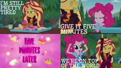 Size: 1986x1117 | Tagged: safe, derpibooru import, edit, edited screencap, editor:quoterific, screencap, pinkie pie, sunset shimmer, equestria girls, equestria girls series, wake up!, spoiler:choose your own ending (season 2), spoiler:eqg series (season 2), caption this, drinking, duo, eyes closed, female, image, open mouth, png, smugpie, sugar rush, time card, wake up!: pinkie pie