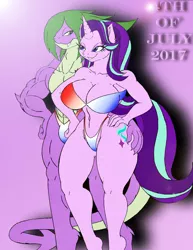 Size: 1700x2200 | Tagged: suggestive, artist:gh0stzr01, artist:shadowflightzeroone, banned from derpibooru, deleted from derpibooru, derpibooru import, spike, starlight glimmer, anthro, dragon, pony, unicorn, 4th of july, beefspike, big breasts, bikini, breasts, buff spike, busty starlight glimmer, cleavage, clothes, couple, duo, duo female, female, flag bikini, grope, hair over one eye, hands on hip, holiday, image, jpeg, male, mare, midriff, muscles, muscular male, shipping, sparlight, speedo, straight, stupid sexy spike, stupid sexy starlight glimmer, swimsuit