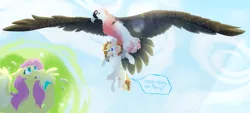 Size: 2973x1345 | Tagged: safe, artist:kazoowary, derpibooru import, fluttershy, oc, oc:bird cherry, bird, earth pony, pegasus, pony, colored hooves, feather, female, filly, flying, image, lammergeier, mare, molting, nervous, offspring, parent:cheese sandwich, parent:fluttershy, parents:fluttersandwich, png, worried
