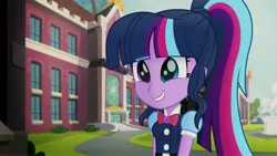 Size: 4096x2304 | Tagged: safe, artist:aryatheeditor, derpibooru import, sci-twi, twilight sparkle, equestria girls, my little pony: the movie, beautiful, bowtie, canterlot high, clothes, cute, cute face, digital art, female, geode of telekinesis, glasses, happy, heterochromia, image, jewelry, jpeg, magical geodes, movie, movie accurate, movie reference, outfit, pendant, powerful sparkle, pretty, shiny, skirt, smiling, smirk, solo, twiabetes