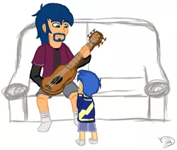 Size: 988x836 | Tagged: safe, artist:fluidty, derpibooru import, flash sentry, human, equestria girls, couch, flash's dad, guitar, image, male, musical instrument, png, sketch, young flash sentry, younger