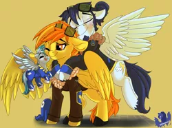 Size: 2901x2160 | Tagged: safe, artist:brainiac, derpibooru import, soarin', spitfire, oc, oc:concorde, pegasus, pony, ask firestarter spitfire, bomber jacket, bottomless, clothes, cute, fall guys, fall guys crown, family, female, filly, foal, image, jacket, male, mare, ocbetes, offspring, parent:soarin', parent:spitfire, parents:soarinfire, partial nudity, pegasus oc, png, shipping, soarinfire, stallion, straight, sunglasses, unshorn fetlocks, wings