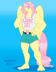 Size: 800x1035 | Tagged: safe, artist:hornbuckle, derpibooru import, fluttershy, anthro, pegasus, plantigrade anthro, abs, barefoot, blushing, butterscotch, clothes, colored lineart, facial hair, feet, female to male, goatee, human to anthro, image, male, muscle growth, muscles, muscleshy, pecs, png, rule 63, solo, transformation, transformation sequence, transgender transformation