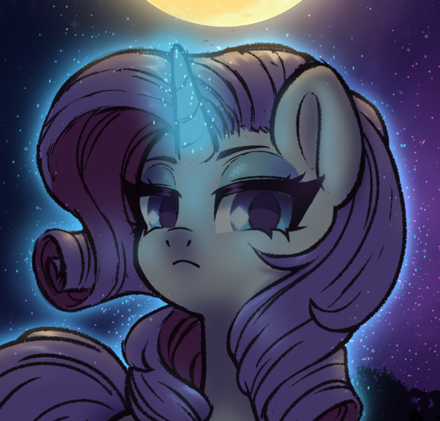 Size: 761x728 | Tagged: safe, alternate version, artist:hawthornss, derpibooru import, rarity, pony, unicorn, female, glowing horn, horn, image, looking at you, magic, mare, night, png, solo, stars