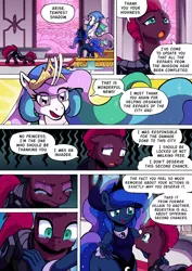 Size: 1204x1700 | Tagged: safe, artist:tarkron, derpibooru import, princess celestia, princess luna, tempest shadow, anthro, centaur, pony, siren, unicorn, comic:shadows of the past (tarkron), series:creature-verse, anthro centaur, armor, breath, broken horn, canterlot castle, centaurified, comic, commission, crying, door, door opening, doorway, eyes closed, female, horn, image, knocking, png, royal sisters, scar, siblings, sirenified, sisters, species swap, stained glass, stained glass window, teary eyes
