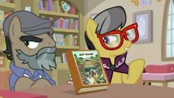 Size: 1920x1080 | Tagged: safe, derpibooru import, screencap, a.k. yearling, daring do, doctor caballeron, earth pony, pegasus, pony, daring doubt, book, crossed arms, crossed hooves, disguise, duo, fake beard, female, frown, glasses, hat, image, male, mare, martingale, png, smiling, stallion, teeth, unamused