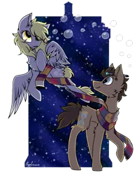 Size: 1100x1400 | Tagged: safe, artist:pegacousinceles, derpibooru import, derpy hooves, doctor whooves, time turner, earth pony, pegasus, pony, bubble, bubble blower, derp, doctor who, duo, female, flying, fourth doctor's scarf, image, male, mare, png, signature, simple background, smiling, sonic screwdriver, stallion, tardis, the doctor, transparent background