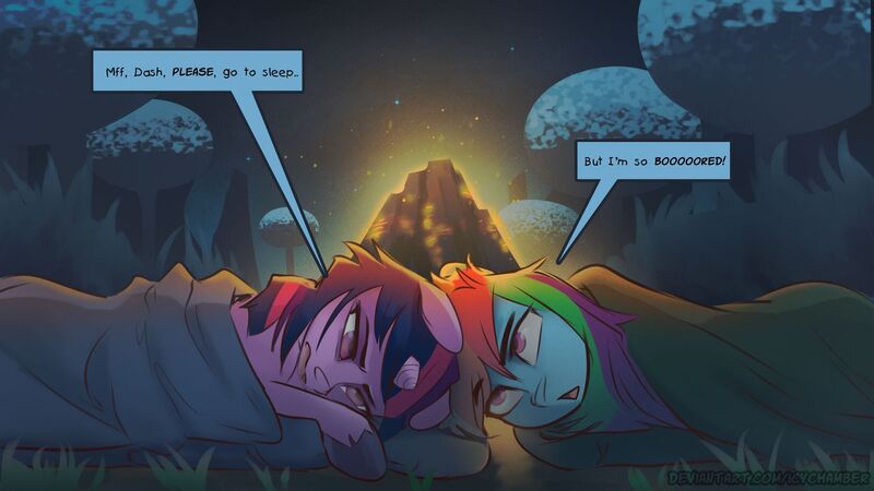 Size: 1920x1081 | Tagged: safe, artist:icychamber, derpibooru import, rainbow dash, twilight sparkle, pegasus, pony, unicorn, bored, campfire, forest, forest background, friendship, image, jpeg, scenery, sleeping bag, sleepy, text, tree, unicorn twilight