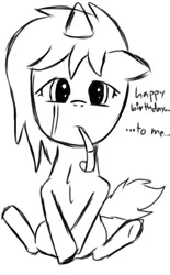 Size: 720x1160 | Tagged: safe, artist:symphonydawn3, derpibooru import, oc, oc:jackie spectre, unofficial characters only, earth pony, pony, birthday, crying, female, hat, image, jpeg, mare, monochrome, party hat, party horn, sad, simple background, sketch, solo, teary eyes, white background