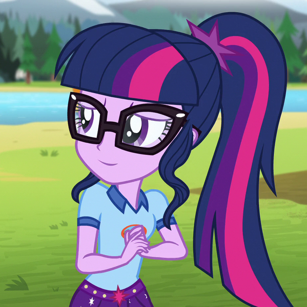 Size: 928x930 | Tagged: safe, derpibooru import, edit, edited screencap, editor:mycarhasamoustache, screencap, sci-twi, twilight sparkle, equestria girls, legend of everfree, camp everfree outfits, cropped, female, image, png, smile edit, solo