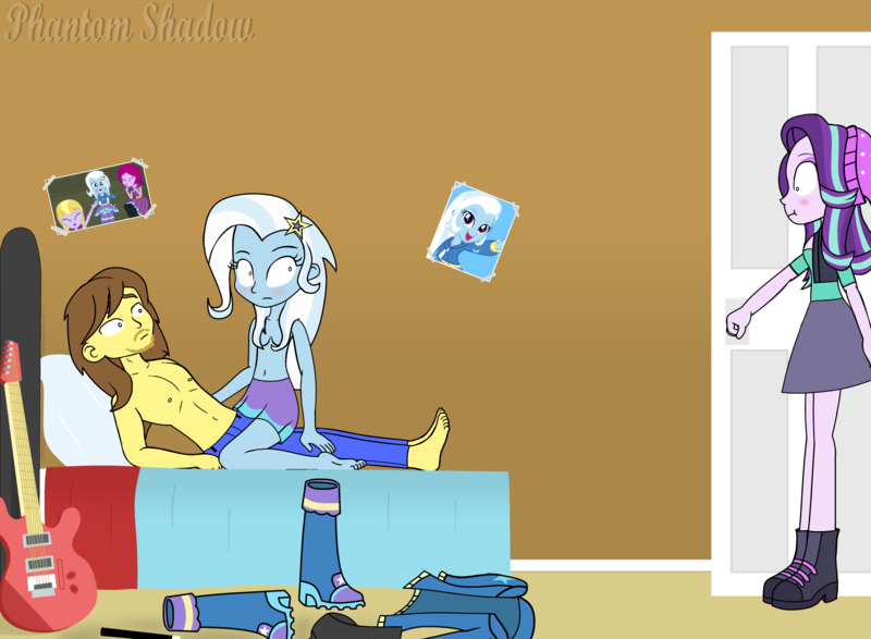 Size: 3000x2200 | Tagged: suggestive, artist:phantomshadow051, derpibooru import, editor:grapefruitface, trixie, oc, oc:grapefruit face, equestria girls, barefoot, belly button, blushing, breasts, canon x oc, caught, clothes, clothes on floor, collaboration, covered nipples, covering, feet, female, godiva hair, grapexie, guitar, image, imminent sex, interrupted, jeans, looking at each other, looking back, looking over shoulder, magic wand, male, male nipples, medal, musical instrument, nipples, nudity, oops, oops my bad, pants, partial nudity, photo, pictures on the wall, png, shipping, skirt, straight, strategically covered, topless, undressing, watermark, whoops