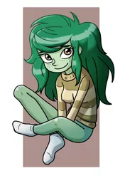 Size: 540x800 | Tagged: suggestive, artist:shinda mane, derpibooru import, wallflower blush, equestria girls, equestria girls series, forgotten friendship, bottomless, breasts, clothes, erect nipples, exhibitionist wallflower, female, freckles, image, jpeg, missing shoes, nipple outline, partial nudity, shoes off, smiling, socks, solo, sweater