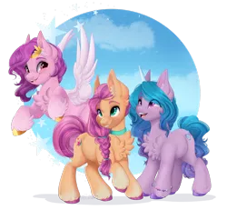 Size: 1920x1777 | Tagged: safe, artist:pvrii, derpibooru import, izzy moonbow, pipp petals, sunny starscout, earth pony, pegasus, pony, unicorn, adorapipp, braid, chest fluff, cloud, cute, ear fluff, female, g5, grin, image, izzybetes, leg fluff, mare, open mouth, png, raised hoof, simple background, sky, smiling, stars, sunnybetes, teeth, transparent background, unshorn fetlocks