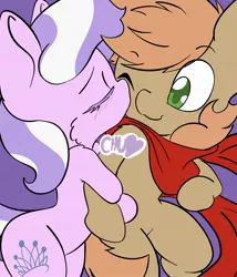 Size: 1380x1613 | Tagged: safe, artist:steelsoul, derpibooru import, diamond tiara, oc, oc:himmel, earth pony, pony, blushing, canon x oc, chu, clothes, colt, eyes closed, female, filly, image, jpeg, kiss on the cheek, kissing, male, one eye closed, scarf, shipping