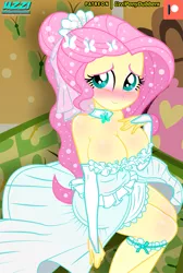 Size: 1007x1500 | Tagged: suggestive, artist:uzzi-ponydubberx, derpibooru import, fluttershy, butterfly, insect, equestria girls, adorasexy, alternate hairstyle, bed, bedroom, big breasts, blushing, bow, breasts, bride, busty fluttershy, cleavage, clothes, cute, dress, female, fingerless gloves, fluttershy's bedroom, gloves, hair bow, image, legs, logo, long gloves, long hair, looking at you, marriage, patreon, patreon logo, png, sexy, shyabetes, sitting, skirt, smiling, solo, stupid sexy fluttershy, text, wedding dress