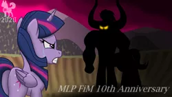 Size: 2560x1440 | Tagged: safe, artist:mrchaosthecunningwlf, artist:ponyvillechaos577, derpibooru import, lord tirek, twilight sparkle, twilight sparkle (alicorn), alicorn, centaur, pony, season 4, twilight's kingdom, angry, anniversary, anniversary art, butt, crying, female, fight, glowing eyes, happy birthday mlp:fim, image, mare, mlp anniversary, mlp fim's tenth anniversary, plot, png, red sky, silhouette, standoff, tail, tears of anger, thumbnail, youtube link, youtube thumbnail