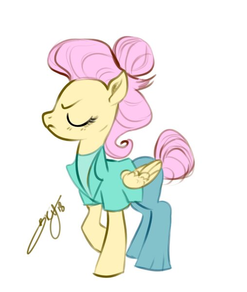 Size: 1060x1252 | Tagged: safe, artist:opalacorn, derpibooru import, fluttershy, pegasus, pony, fake it 'til you make it, alternate hairstyle, clothes, eyes closed, female, folded wings, hair bun, image, jpeg, mare, profile, severeshy, simple background, snooty, solo, standing, white background, wings