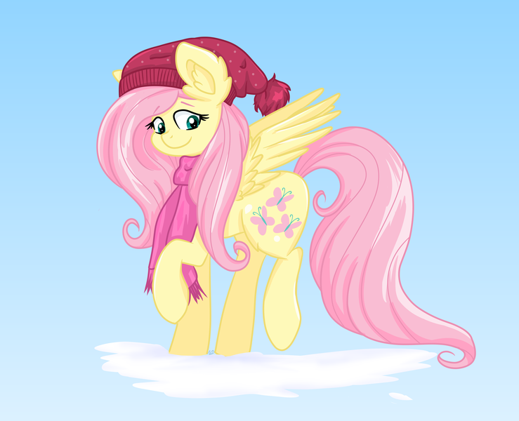 Size: 3814x3095 | Tagged: safe, artist:nightydream, derpibooru import, fluttershy, pegasus, pony, clothes, cute, ear fluff, female, hat, high res, image, mare, png, raised hoof, raised leg, scarf, shyabetes, smiling, snow, solo, spread wings, wings, winter outfit