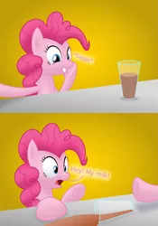 Size: 2101x3000 | Tagged: safe, artist:bladedragoon7575, derpibooru import, pinkie pie, earth pony, pony, cartoon physics, chocolate, chocolate milk, everything is ruined, exploitable meme, female, food, fourth wall, giggling, image, mare, meme, milk, pinkie being pinkie, pinkie logic, pinkie physics, png, pure unfiltered evil, simple background, spilled milk, surprised, xk-class end-of-the-world scenario, yellow background