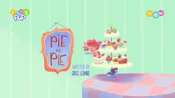 Size: 1024x576 | Tagged: safe, derpibooru import, screencap, pinkie pie, earth pony, pony, my little pony: pony life, pie vs. pie, spoiler:pony life s01e23, cake, cupcake, dough-cup-pop, female, food, image, octavio pie, png, solo, tiny pop, title card