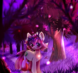 Size: 2111x2000 | Tagged: safe, artist:vurrul, derpibooru import, oc, oc:hopple scotch, unofficial characters only, earth pony, pony, ankle cuffs, chains, commission, cuffs, female, flower, flower in hair, forest, forest background, grass, hair accessory, image, jewelry, looking sideways, mare, mouth hold, necklace, night, outdoors, pigtails, png, road, sky, solo, tree, ych result