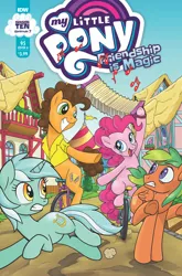 Size: 1186x1800 | Tagged: safe, artist:pencils, derpibooru import, idw, cheese sandwich, lyra heartstrings, pinkie pie, unnamed character, unnamed pony, earth pony, pegasus, pony, unicorn, spoiler:comic, spoiler:comic95, accordion, female, image, jpeg, male, mare, musical instrument, running away, season 10, stallion, unicycle