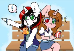 Size: 1166x800 | Tagged: safe, artist:themoustachemare, derpibooru import, oc, oc:lanaia, oc:listfia, unofficial characters only, anthro, unicorn, bench, blushing, bracelet, button, clothes, dress, drink, eyebrows, female, heterochromia, horn, image, jewelry, juice, juice box, not blackjack, pants, png, pointing, schoolgirl, shocked, siblings, simple background, sisters, sitting, skirt, tanktop, two toned mane, uniform, varsity jacket, watermark, wip