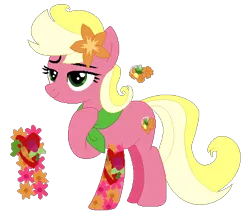 Size: 466x401 | Tagged: safe, artist:acuteexposure, artist:painterede, artist:selenaede, artist:strawberry-spritz, derpibooru import, oc, oc:floral fragrance (ice1517), unofficial characters only, earth pony, pony, icey-verse, base used, clothes, female, flower, flower in hair, image, magical lesbian spawn, mare, offspring, parent:carrot top, parent:roseluck, parents:carrotluck, png, raised hoof, scarf, simple background, solo, tattoo, transparent background