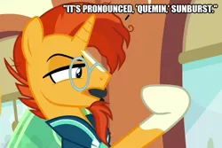 Size: 748x500 | Tagged: safe, derpibooru import, edit, edited screencap, screencap, sunburst, pony, unicorn, the parent map, caption, cumin, food, image, image macro, implied stellar flare, male, png, pronunciation, seasoning, spice (food), text