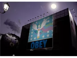 Size: 400x300 | Tagged: safe, derpibooru import, princess celestia, billboard, equestrian flag, image, night, obey, oh no, oh shit, png, propaganda