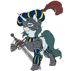 Size: 3000x3000 | Tagged: safe, artist:floots, derpibooru import, oc, oc:aquaria lance, unofficial characters only, unicorn, armor, clothes, costume, halloween, halloween costume, holiday, image, mask, png, simple background, solo, sword, transparent background, weapon