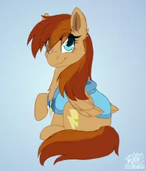Size: 1800x2100 | Tagged: safe, artist:dreamy, artist:littledreamycat, derpibooru import, oc, oc:thunder twirl, unofficial characters only, pegasus, pony, blue background, chest fluff, clothes, eye clipping through hair, female, hoodie, image, looking at you, mare, patreon, patreon reward, png, raised hoof, simple background, sitting, smiling, solo