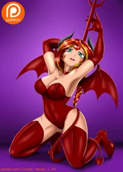 Size: 3300x4600 | Tagged: suggestive, artist:conrad-hauser, derpibooru import, sunset shimmer, human, anime, arm behind head, armpits, belly button, breasts, busty sunset shimmer, clothes, costume, demon wings, devil, devil horns, devil tail, erect nipples, evening gloves, gloves, gradient background, halloween, halloween costume, holiday, human coloration, humanized, image, kneeling, long gloves, nipple outline, open mouth, png, purple background, simple background, socks, thigh highs, wings