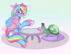 Size: 1610x1220 | Tagged: safe, artist:aaa-its-spook, derpibooru import, rainbow dash, tank, pegasus, pony, blushing, blushing profusely, bow, caught, clothes, cute, dashabetes, dress, embarrassed, girly, hat, image, pink dress, png, rainbow dash always dresses in style, tankabetes, tea party, top hat, vulgar