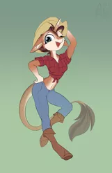 Size: 2480x3858 | Tagged: safe, artist:airfly-pony, derpibooru import, oc, oc:case, unofficial characters only, anthro, unguligrade anthro, unicorn, belly button, boots, clothes, cowboy hat, ear fluff, female, floppy ears, hand on hip, hat, image, jeans, leonine tail, looking at you, midriff, one eye closed, open mouth, pale belly, pants, png, shirt, shoes, smiling, smiling at you, solo, wink, winking at you
