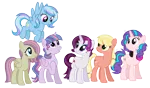 Size: 2380x1400 | Tagged: safe, artist:cherrycandi, derpibooru import, alicorn, earth pony, pegasus, pony, unicorn, base used, female, fusion, group, headphones, image, magical lesbian spawn, makeup, offspring, parent:applejack, parent:cayenne, parent:fluttershy, parent:lily, parent:lily valley, parent:marble pie, parent:pinkie pie, parent:rainbow dash, parent:rarity, parent:trixie, parent:twilight sparkle, parent:vapor trail, parent:vinyl scratch, parents:cayennity, parents:lilyjack, parents:marbleshy, parents:trixdash, parents:vaporlight, parents:vinylpie, png, simple background, transparent background