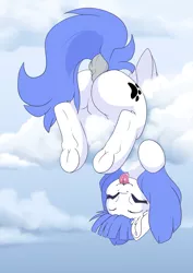 Size: 2480x3508 | Tagged: safe, artist:arctic-fox, derpibooru import, oc, oc:snow pup, unofficial characters only, pegasus, pony, :p, butt, cloud, dock, eyes closed, featureless crotch, female, folded wings, hanging, hanging upside down, image, mare, plot, png, tongue out, underhoof, upside down, wings