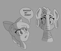 Size: 1344x1123 | Tagged: safe, artist:dog giraffe, derpibooru import, apple bloom, zecora, pony, zebra, duo, image, png, racism, simple background, speech bubble