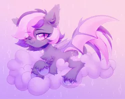 Size: 1900x1502 | Tagged: safe, artist:astralblues, derpibooru import, oc, oc:midnight mist, unofficial characters only, bat pony, pony, bat pony oc, bat wings, chest fluff, cloud, ear fluff, fangs, fluffy, hoof fluff, image, jpeg, leg fluff, looking at you, lying down, one eye closed, pink eyes, solo, wings, wink, winking at you