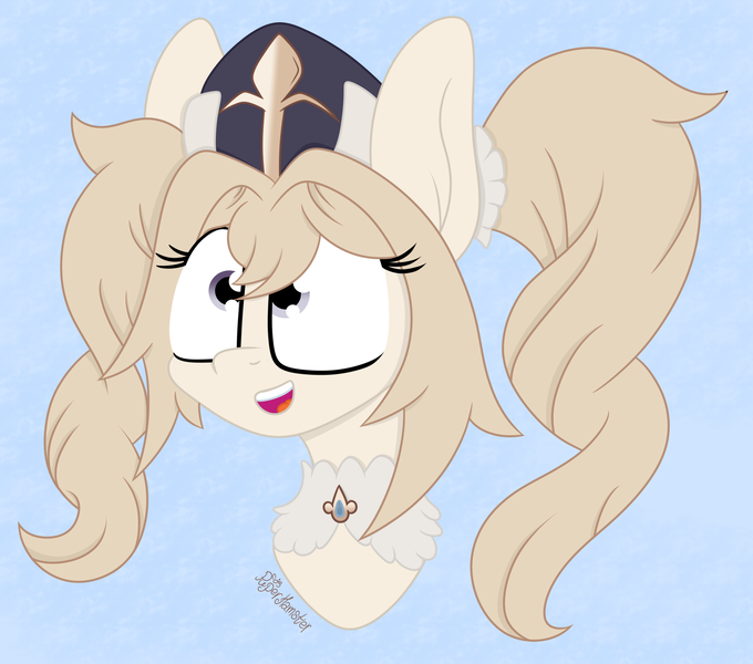 Size: 3216x2836 | Tagged: safe, artist:puperhamster, derpibooru import, oc, ponified, unofficial characters only, earth pony, pony, bust, female, genshin impact, image, mare, nun, png, portrait, simple background, smiling