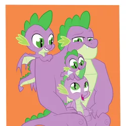 Size: 2000x2000 | Tagged: safe, artist:squipycheetah, derpibooru import, part of a set, spike, dragon, the last problem, abstract background, baby, baby dragon, baby spike, diaper, gigachad spike, happy, image, missing accessory, multeity, older, older spike, orange background, png, self dragondox, self paradox, simple background, sitting, smiling, time paradox, winged spike, younger