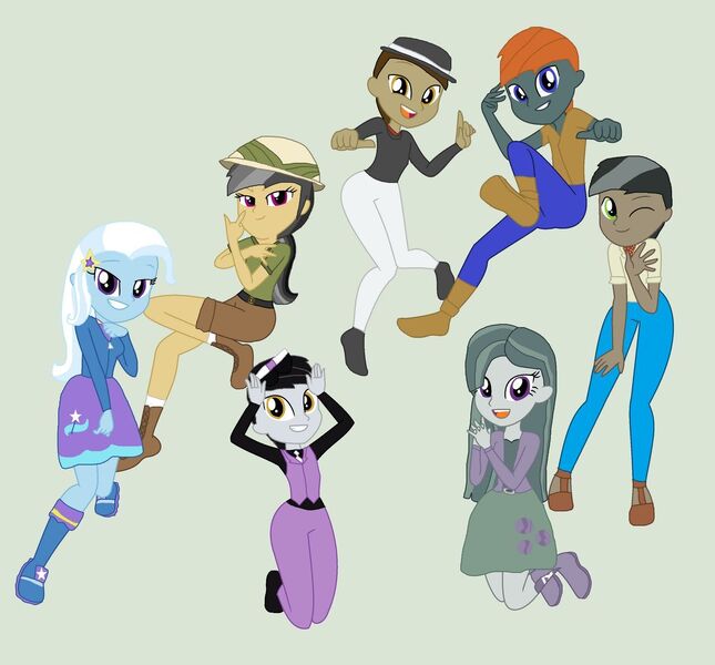 Size: 1280x1190 | Tagged: safe, artist:diana173076, derpibooru import, daring do, doctor caballeron, marble pie, trixie, oc, equestria girls, alternate universe, image, jpeg