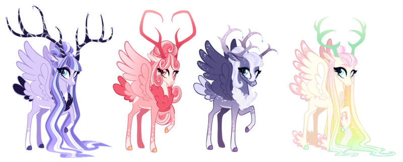 Size: 5190x2087 | Tagged: safe, artist:whalepornoz, derpibooru import, oc, oc:aura, oc:callisto, oc:vega, oc:venus, unofficial characters only, deer, deer pony, hybrid, original species, peryton, antlers, doe, female, image, interspecies offspring, large wings, long mane, offspring, parent:princess cadance, parent:princess celestia, parent:princess luna, parent:twilight sparkle, parent:unnamed oc, png, raised hoof, simple background, transparent background, wings