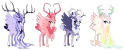 Size: 5190x2087 | Tagged: safe, artist:whalepornoz, derpibooru import, oc, oc:aura, oc:callisto, oc:vega, oc:venus, unofficial characters only, deer, deer pony, hybrid, original species, peryton, antlers, doe, female, image, interspecies offspring, large wings, long mane, offspring, parent:princess cadance, parent:princess celestia, parent:princess luna, parent:twilight sparkle, parent:unnamed oc, png, raised hoof, simple background, transparent background, wings