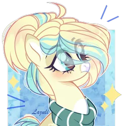 Size: 1310x1354 | Tagged: safe, artist:lazuli0209, derpibooru import, oc, unofficial characters only, earth pony, pony, bust, clothes, commission, earth pony oc, eye clipping through hair, eyelashes, image, png, scarf, signature, simple background, solo, transparent background, ych result