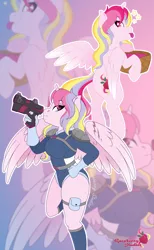 Size: 4392x7141 | Tagged: safe, artist:raspberrystudios, derpibooru import, oc, oc:aurelia charm, unofficial characters only, alicorn, anthro, alicorn oc, final space, gun, horn, image, multicolored mane, png, raspberry, redesign, scar, spacesuit, tongue out, weapon, wings, zoom layer