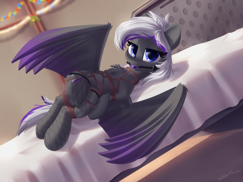 Size: 2800x2100 | Tagged: suggestive, alternate version, artist:shido-tara, derpibooru import, oc, oc:lyum, unofficial characters only, pegasus, pony, ballgag, bondage, chest fluff, commission, female, fishnets, gag, image, jpeg, looking at you, lying down, mare, rope, rope bondage, shibari, spread wings, wings