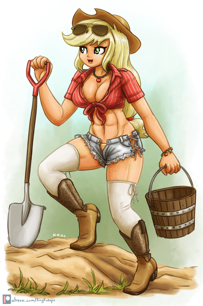 Size: 1600x2407 | Tagged: suggestive, artist:king-kakapo, derpibooru import, applejack, human, applejacked, applejack's hat, belly button, boots, breasts, bucket, busty applejack, cleavage, clothes, cowboy hat, daisy dukes, female, front knot midriff, hat, humanized, image, jewelry, midriff, muscles, necklace, open mouth, orange panties, orange underwear, panties, png, shoes, shorts, shovel, smiling, socks, sunglasses, thigh highs, underwear