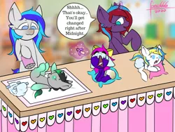 Size: 1000x750 | Tagged: safe, artist:foxxo666, derpibooru import, oc, oc:aeris strider, oc:charming dazz, oc:dostluk vasitasiyla harmony, oc:hooklined, oc:midnight magic, pony, unicorn, baby, caretaker, changing table, crying, cute, dialogue, diaper, diaper change, female, filly, foal, image, jpeg, levitation, magic, nursery, pacifier, telekinesis, wet diaper